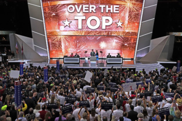Trump officially the Republican nominee large monitor shows Trump victory