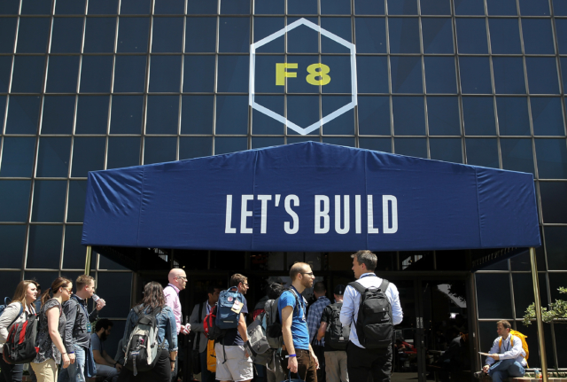Attendees gather outside of the Facebook f8 conference