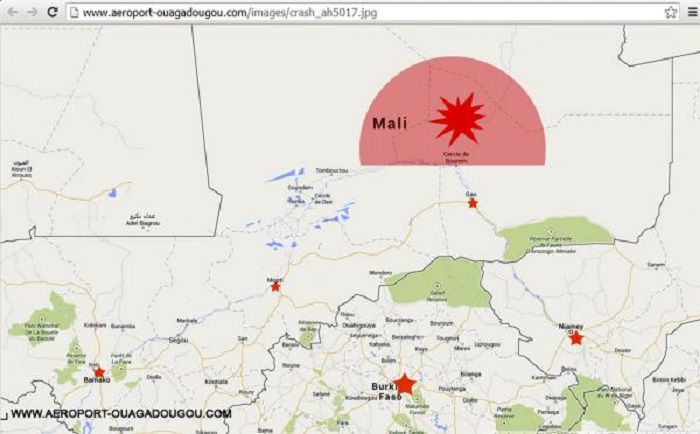 A screengrab of the homepage of the Ouagadougou airport's site (http://www.aeroport-ouagadougou.com) shows a map displaying AH5017's last contact zone on July 24, 2014. (REUTERS/Ouagadougou airport)