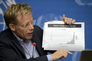 Bruce Aylward, WHO Assistant Director-General, speaks to the media during a press conference about the WHO briefing on the Ebola roadmap at the European headquarters of the U.N. in Geneva, Thursday, Aug. 28, 2014. Photo: AP/Keystone/Martial Trezzini
