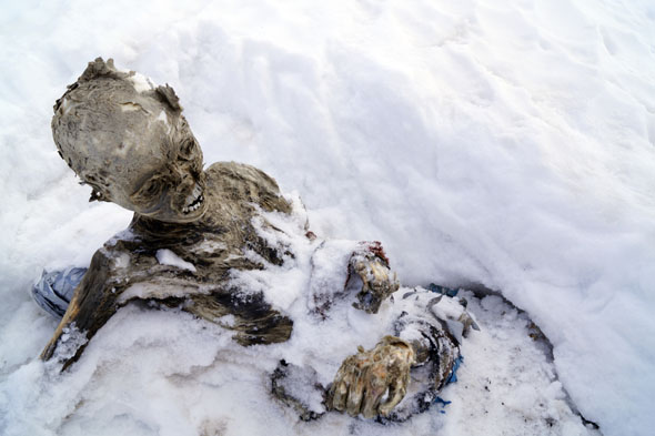 One of the two mummified corpses found near the peak of the 5,636-meter Pico de Orizaba, also known as the Citlaltepetl volcano, on the border between the states of Veracruz and Puebla, on March 5, 2015. A team of Mexican climbers searching for a frozen body on the country's highest mountain, and North America's third, stumbled onto a second mummified cadaver during their expedition on March 5. The 12 local civil protection mountaineers had embarked on their mission after climbers reported seeing a frozen skull 310 meters (1,000 ft) from the peak of the Pico de Orizaba on Monday. The second body was found 150 metres away, and it was also frozen and mummified, said Juan Navarro, mayor of the town of Chalchicomula de Sesma, near the mountain.  AFP/ Chalchicomula Town Council/ Hilario Aguilar