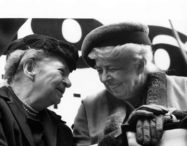 (L) Frances Perkins and (R) Eleanor Roosevelt at the 50th anniversary commemoration of the Triangle Fire (1961) [Photo: The Kheel Center via Flickr]