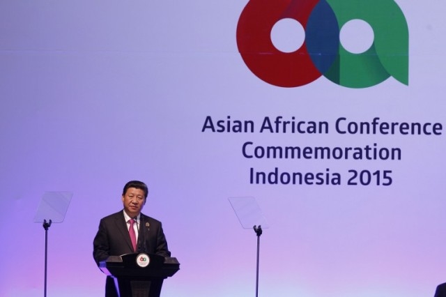 China's President Xi Jinping delivers his speech at a plenary session during the Asian Africa Conference in Jakarta on April 22, 2015. Asian and African leaders have gathered in Indonesia this week to mark 60 years since a landmark conference that helped forge a common identity among emerging states, but analysts say big-power rivalries will overshadow proclamations of solidarity. AFP PHOTO / POOL / BEAWIHARTA