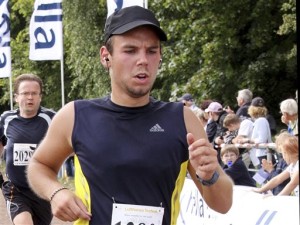 In this Sunday, Sept. 13, 2009 photo Andreas Lubitz competes at the Airportrun in Hamburg, northern Germany. Germanwings co-pilot Andreas Lubitz appears to have hidden evidence of an illness from his employers, including having been excused by a doctor from work the day he crashed a passenger plane into a mountain, prosecutors said Friday, March 27, 2015. (AP Photo/Michael Mueller)