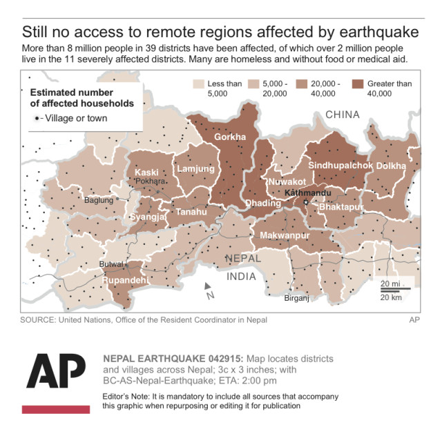 Map locates districts and villages across Nepal. (Graphic by the Associated Press)