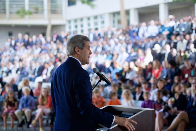 U.S. Secretary of State John Kerry delivers remarks to embassy employees during a meet and greet at U.S. Embassy Nairobi in Nairobi, Kenya on May 4, 2015. [Photo courtesy of the U.S. State Department]
