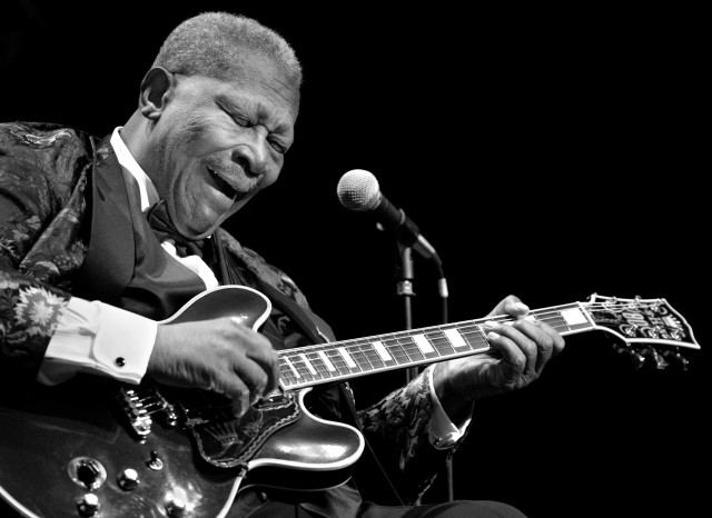 In this photo taken April 30, 2008, blues great B.B. King performs at the Florida Theatre in Jacksonville, Fla. King died peacefully in his sleep late, Thursday, May 14, 2015, at his Las Vegas home, his lawyer said. He was 89. (Daron Dean/The St. Augustine Record via AP)