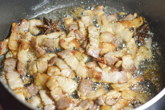 Stir-fry pork for a few minutes until gold brown