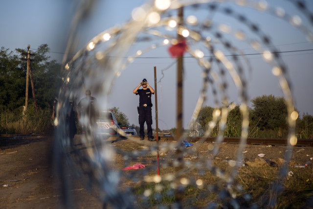 In this picture made on Tuesday, Sept. 1, 2015, A Hungarian police officer look from his binoculars as he checks the border searching for refugees entering the country illegally next to the town of Röszke, Hungary. The vast majority of migrants are from Syria and Afghanistan, reaching the eastern Aegean Greek islands from the nearby Turkish coast, before heading north to cross the border with Macedonia, Serbia and Hungary and onwards to more prosperous European countries. (AP Photo/Santi Palacios)