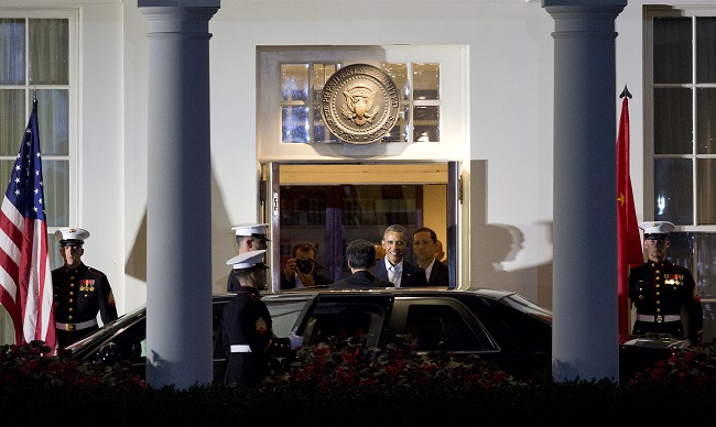President Barack Obama greets Chinese President Xi Jinping, right, as he arrives the White House in Washington, Thursday, Sept. 24, 2015, for a private dinner at the Blair House, across the street from the White House. Xi arrived in Washington late Thursday for a State Visit. Obama has invested more time building personal ties with the Chinese president than with most other world leaders. (AP Photo/Manuel Balce Ceneta)