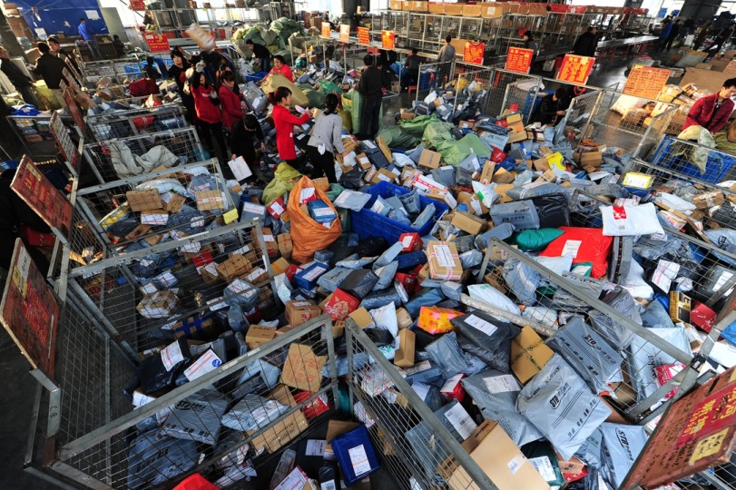 A logistic station after the Singles' Day shopping frenzy is full of parcels to be distributed across the country
