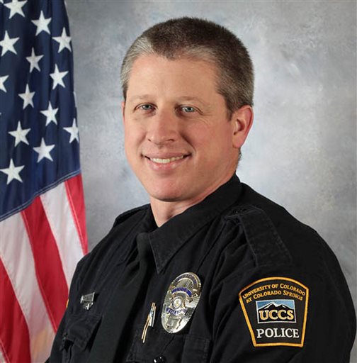 This photo provided by the University of Colorado at Colorado Springs shows officer Garrett Swasey, who was killed in a shooting at a Planned Parenthood clinic in Colorado Springs, Colo., Friday, Nov. 27, 2015. A gunman who opened fire inside a Colorado Springs Planned Parenthood clinic was arrested Friday after engaging in gun battles with authorities during an hours-long standoff that killed several, including Swasey, and wounded others, officials said. (University of Colorado at Colorado Springs via AP)