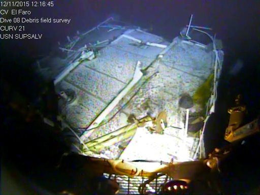 In this photograph released by the National Transportation Safety Board on Sunday, Jan. 3, 2016, the top of the detached navigation bridge of the sunken freighter El Faro is seen on the seafloor, 15,000-feet deep near the Bahamas. The freighter sunk on Oct. 1, 2015, after losing engine power and getting caught in a Category 4 hurricane. All 33 crew members aboard were lost at sea. Federal investigators are considering launching another search of the wreckage of a freighter. (National Transportation Safety Board via AP)