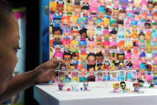 The My Mini Mixie Qs are unveiled at the New York Toy Fair, Friday, Feb. 12, 2016.  The line includes a wide variety of unique MixieQ characters, ranging from a DJ to a Dragon, and themed by their different personalities. (Photo by Diane Bondareff/AP Images for Mattel)