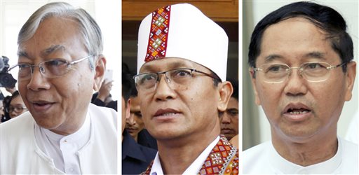 FILE - This combination of file photos shows Htin Kyaw, left, Henry Van Hti Yu, center, candidates for president from the National League for Democracy party, and Myint Swe, the military's candidate for president. Myanmar's parliament votes Tuesday, March 15, 2016, to pick the country's next president from a group of three final candidates, including a front runner who is a longtime confidant of Nobel laureate Aung San Suu Kyi. (AP Photo/Files)