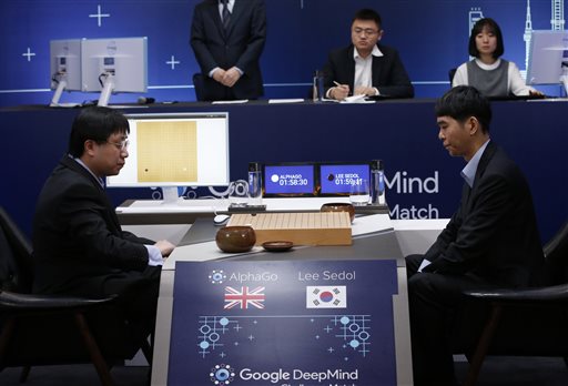South Korean professional Go player Lee Sedol, right, prepares for his second stone against Google's artificial intelligence program, AlphaGo, as Google DeepMind's lead programmer Aja Huang, left, sits during the Google DeepMind Challenge Match in Seoul, South Korea, Wednesday, March 9, 2016. (AP Photo/Lee Jin-man)