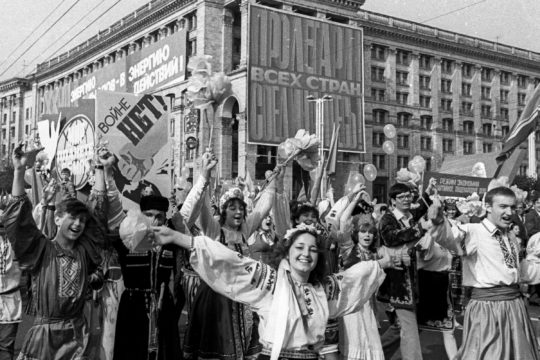 People rally to celebrate the May Day a few days after the deadly explosion on the 4th unit in Chernobyl nuclear power plant
