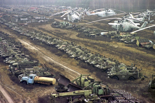 Radioactive contaminated vehicles lay dormant near the Chernobyl nuclear power plant.