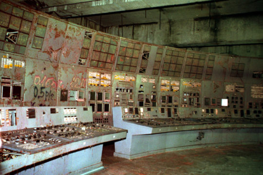 The shattered remains of the control room for Reactor No. 4 at the Chernobyl nuclear power plant.