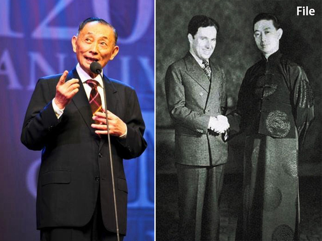 Left Photo: Mei Baojiu took the Mei Lanfang Peking opera troupe to the US in 2014/Right File Photo: Charlie Chaplin and Mei Lanfang