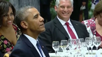 Miguel Diez-Canel (R) is the heir apparent to take over for President Raul Castro. Seen here at a recent banquet for U.S. President Barack Obama (L).