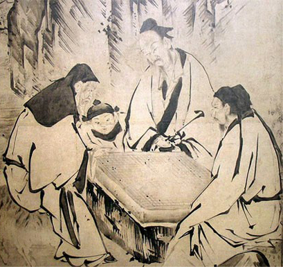 A screen painting depicting people of the Ming Dynasty playing Go, by Kanō Eitoku. Japan, Momoyama period, 16th century.