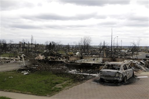 Destroyed property in Fort McMurray, Alberta, is viewed Monday, May 9, 2016. A break in the weather has officials optimistic they have reached a turning point on getting a handle on the massive wildfire. (AP Photo/Rachel La Corte)
