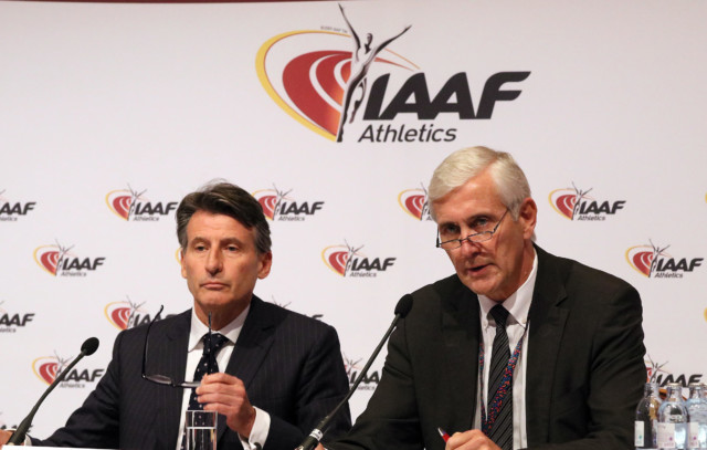 IAAF President Sebastian Coe, left, and and Rune Andersen Chair of IAAF Inspection Team attend a news conference after a meeting of the IAAF Council at the Grand Hotel in Vienna, Austria, Friday, June 17, 2016. (AP Photo/Ronald Zak)