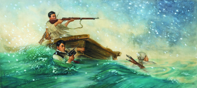 painting of soldiers in the ocean