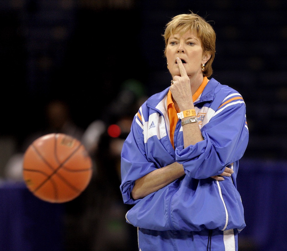 Tennessee basketball head coach Pat Summitt watches her team as she runs them through their paces during practice at the Ted Constant Convention Center in Norfolk, Va. on March 18, 2006. (AP Photo/Stephan Savoia)