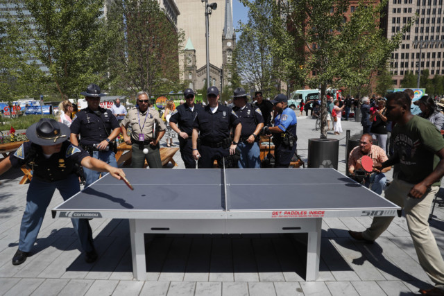 Police officer plays table tennis