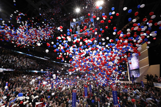 Confetti and balloons fall