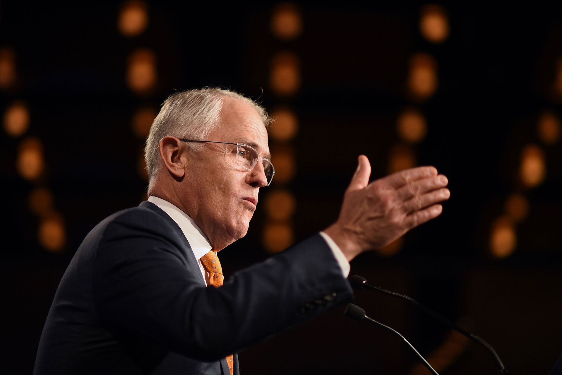 Australian Prime Minister Malcolm Turnbull addresses party supporters during a rally in Sydney, Sunday, July 3, 2016, following a general election. The elections, which pit the conservative coalition government against the center-left Labor Party, cap an extraordinarily volatile period in the nation's politics. (Lukas Coch/Pool via AP)