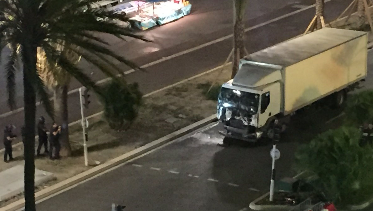 Image from the twitter account of Nice-Matin, a local newspaper in France. The tweet reads: The truck that drove into the crowd 