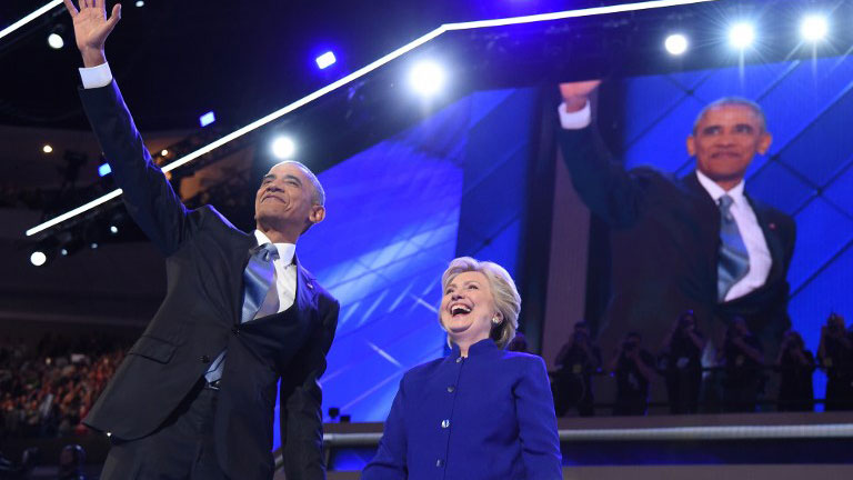 After speech, Hillary Clinton joins Obama on stage at DNC
