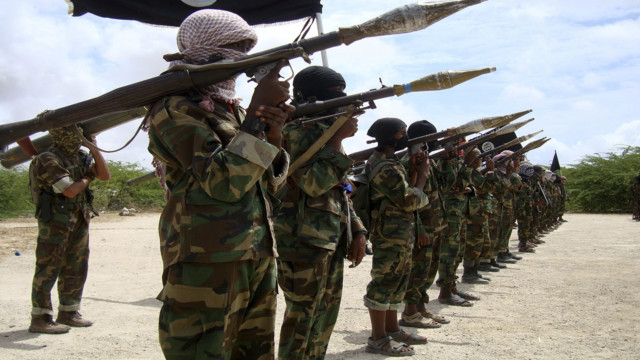 File photo of Al Shabaab militants parading new recruits after arriving in Mogadishu
