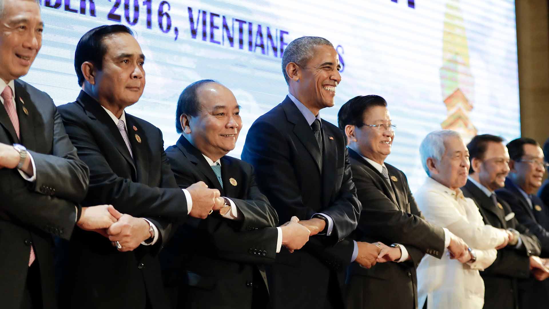 U.S. President Barack Obama poses for a photo before the start of the 4th ASEAN-U.S. Summit Meeting at National Convention Center in Vientiane, Laos, Thursday, Sept. 8, 2016. From left: Singapore's Prime Minister Lee Hsien Loong, Thailand's Prime Minister Prayuth Chan-ocha, Vietnam's Prime Minister Nguyen Xuan Phuc, U.S. President Barack Obama, Laos' Prime Minister Thongloun Sisoulith, Philippines Foreign Affairs Secretary Perfecto Yasay, Brunei's Sultan Hassanal Bolkiah and Cambodia's Prime Minister Hun Sen. (AP Photo/Carolyn Kaster)