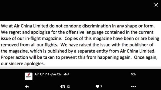 Source: Air China Twitter @AirChinaNA (Tweet has since been deleted)