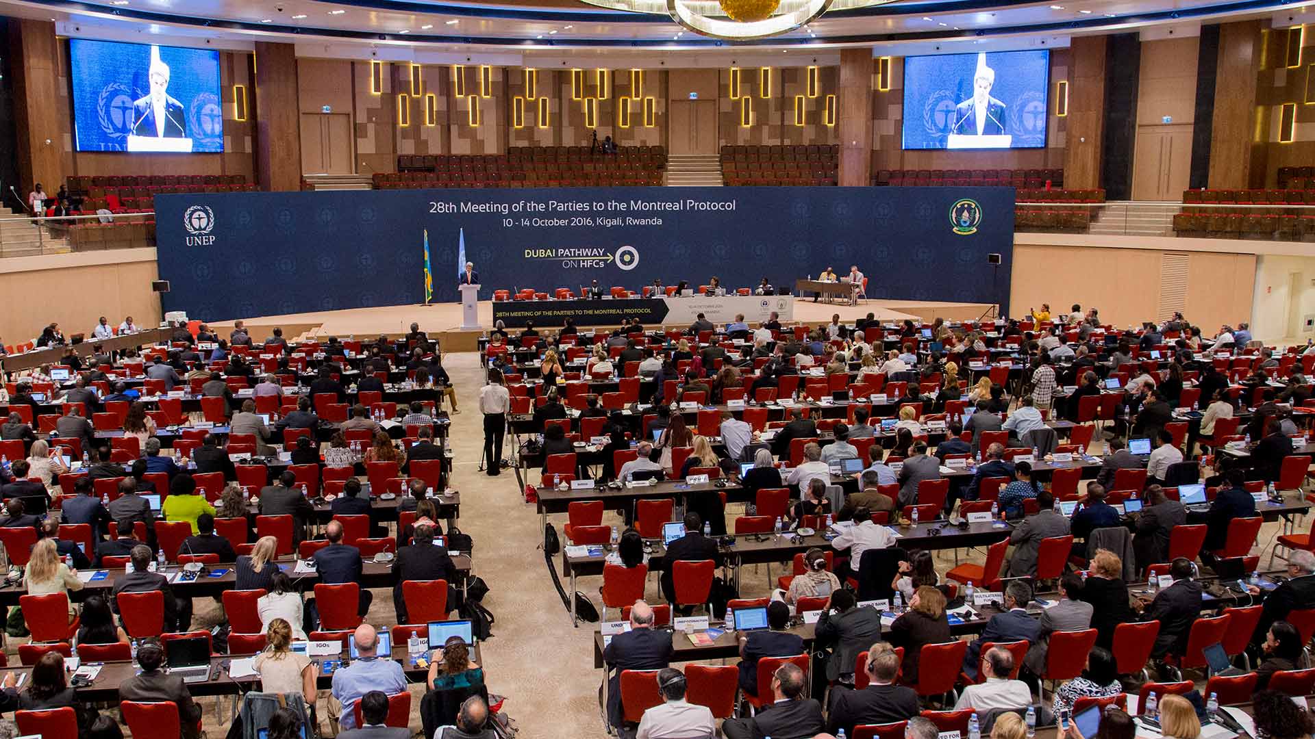 Secretary of State John Kerry,delivers a speech to the 28th Meeting of the Parties to the Montreal Protocol on Substances that Deplete the Ozone Layer, in Kigali, Rwanda Friday, Oct. 14, 2016. Nations strove Friday for a deal to phase out hydrofluorocarbons from air conditioners and refrigerators as part of efforts to fight climate change. (AP Photo)
