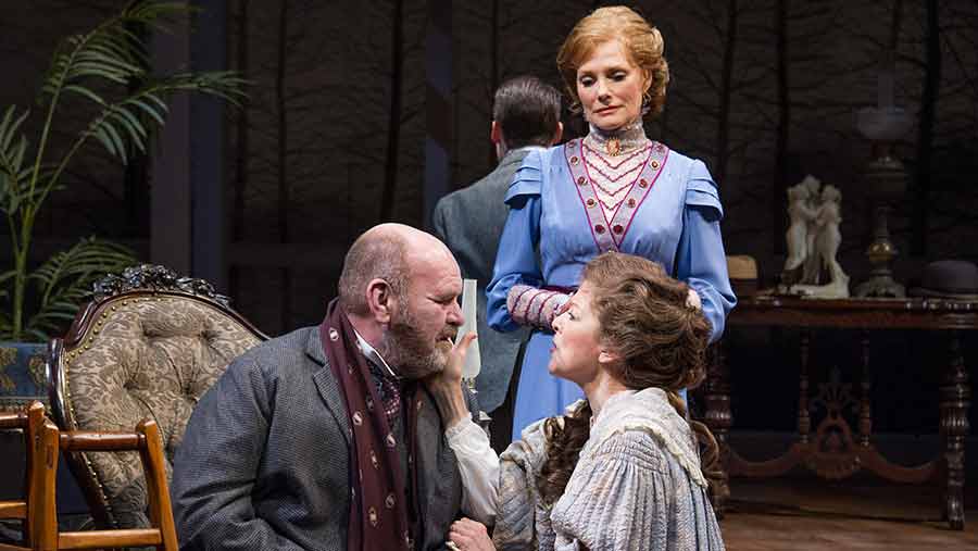 (L to R) Jack Willis as Horace Giddens, Marg Helgenberger as Regina Giddens and Isabel Keating as Birdie Hubbard in Lillian Hellman’s The Little Foxes at Arena Stage in Washington D.C. (Photo: C. Stanley Photography)