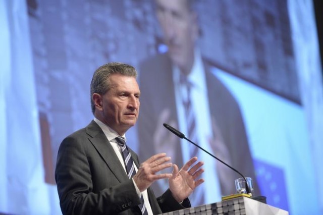 Oettinger, European Commissioner for Digital Economy and Society, delivers a speech at the world's biggest computer and software fair CeBit in Hanover