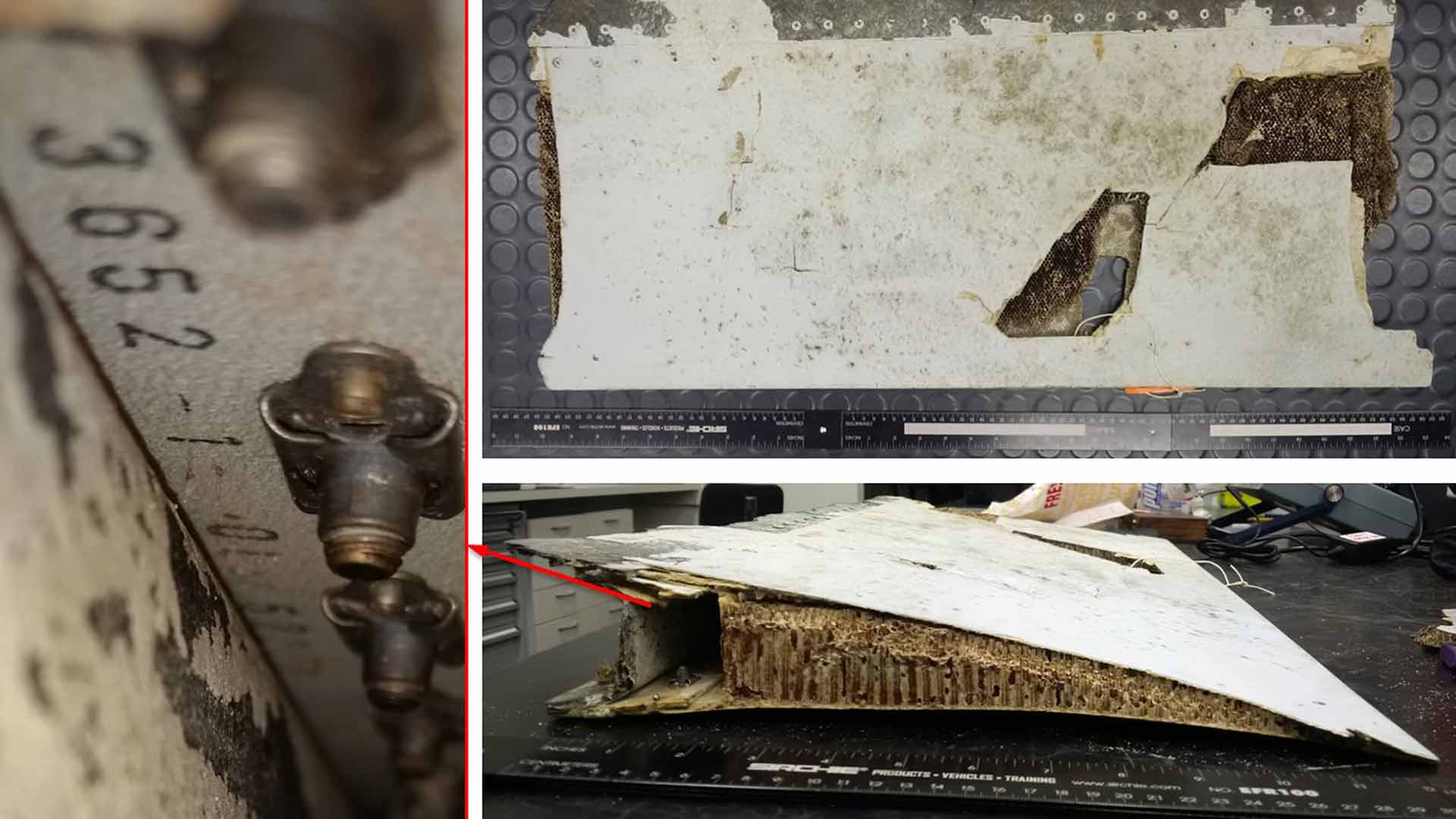 This combination of three photos taken Friday, Oct. 7, 2016 and released by Australian Transport Safety Bureau shows a piece of aircraft debris stored at the ATSB laboratory in Canberra, Australia. Malaysian and Australian officials say this piece of an aircraft wing found on the Indian Ocean island of Mauritius has been identified as belonging to missing Malaysia Airlines Flight 370. The piece of wing flap was found in May and subsequently analyzed by experts at the Australian Transport Safety Bureau, which is heading up the search for the plane in a remote stretch of ocean off Australia's west coast. The red arrow and markings are provided by the source. ( Australian Transport Safety Bureau via AP)