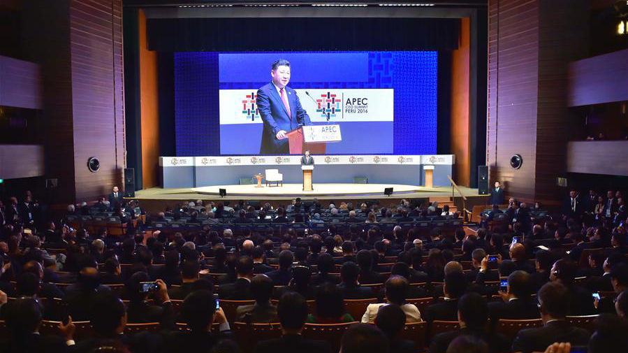 Chinese President Xi Jinping delivers a keynote speech at the Asia-Pacific Economic Cooperation (APEC) CEO Summit in Lima, Peru, Nov. 19, 2016. (Xinhua/Li Tao)