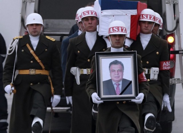 draped coffin of late Russian ambassador to Turkey