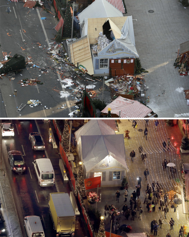 Our combination picture shows on top a Dec. 21, 2016 picture of destroyed huts and bottom the same location after the reopening of the christmas market in Berlin, Germany, Thursday, Dec. 22, 2016 three days after a truck ran into the crowded Christmas market and killed several people. (AP Photo/Michael Sohn)