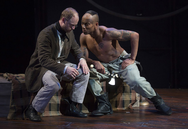 (L to R) Jamie Abelson as Ishmael and Anthony Fleming III as Queequeg in Moby Dick. Photo by Liz Lauren/Lookingglass Theatre Company.