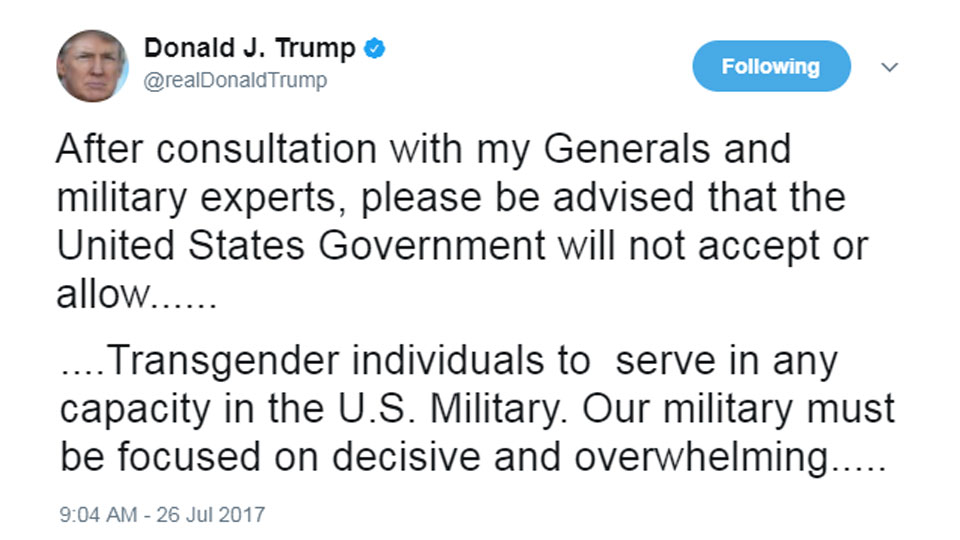U.S. President Trump tweets transgender people banned from military