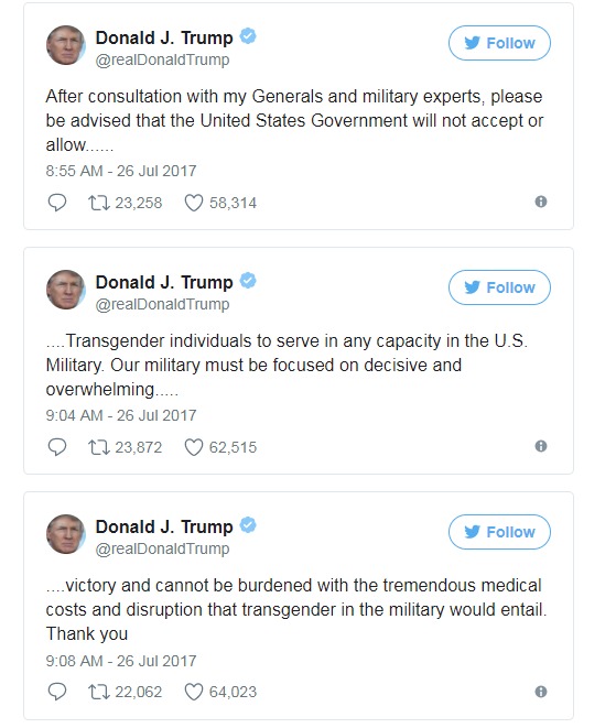 Trump tweets transgender people barred military