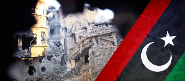 Libyan flag and battlefield destruction