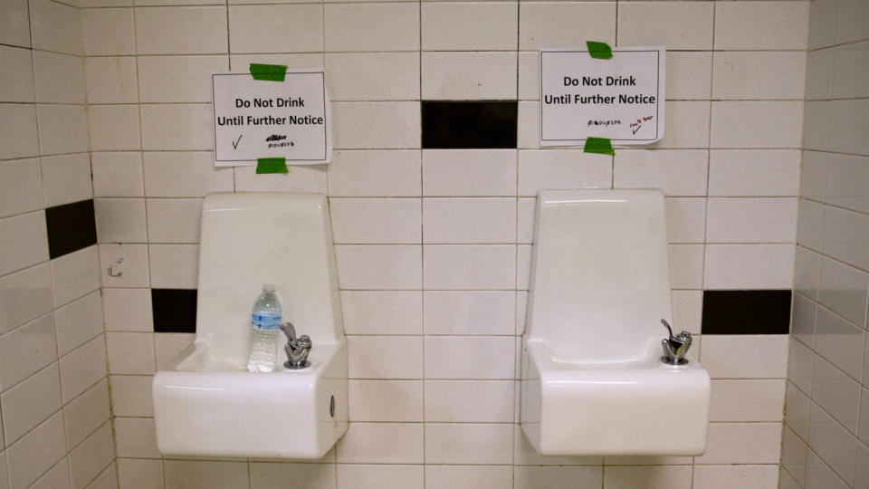 drinking fountains are marked "Do Not Drink Until Further Notice"